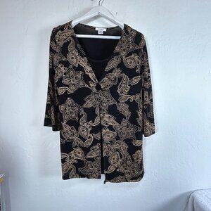 Dressbarn Woman Black & Gold Paisley Floral 3/4 Sleeve Tunic Top Size 14/16 USA